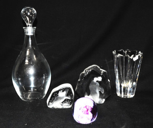 Lot 333 - 4 x Pces Vintage Glass - incl Marked Orrefors Decanter & Vase, and