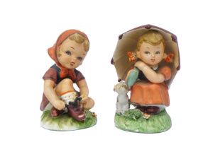 Lot 334 - 2 x Vintage Japanese Ceramic Hummel style figures - girl with umbrella