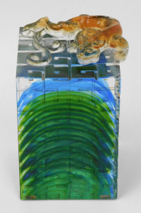 Lot 346 - Signed Boxed Chinese Glass Paperweight Square blue& green glass wi