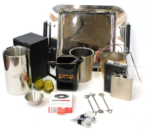 Lot 27 - Group lot of Bar items inc Stainless steel tray with black handles, Win