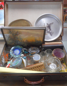 Lot 45 - Vintage Suitcase and contents, incl Books, Framed pictures, household i