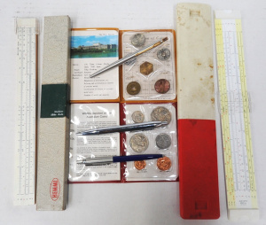 Lot 58 - Lot incl 3 x Parker Pens Ballpoint Pens, 2 Vintage Student slide Rulers