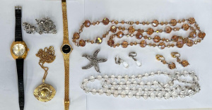 Lot 59 - Group vintage + costume jewellery incl Long crystal necklaces, earrings
