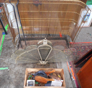 Lot 67 - Group Fireplace Items, incl Peacock Metal Folding Fire Screen, Hand Bel
