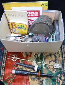 Lot 71 - Box Lot Mixed Items - incl 'B is for Botox' Book, Bagpipe Chanters, Pe