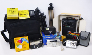 Lot 73 - Box Lot Cameras & Accessories - incl Boxed Kodak Colourburst Instan