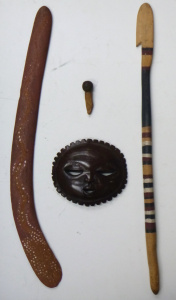 Lot 195 - Group Lot Vintage Indigenous Artefacts - Boomerang, Wooden Mask Wall H