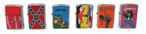 Lot 272 - 6 x Vintage 1970s Penguin Fuel Cigarette Lighters w Designs incl Wise