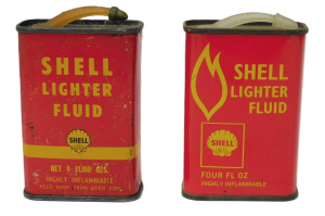Lot 273 - 2 x Vintage Shell Lighter Fluid Tins, 4 Fluid Ozs, 9cmH