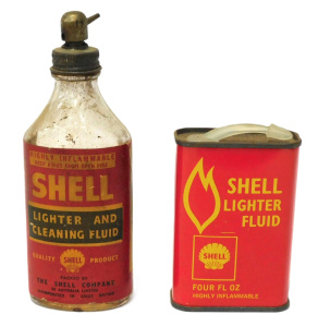 Lot 275 - 2 x Vintage Shell Lighter Fluid Containers, incl 9cmH Tin and 15cmH bo
