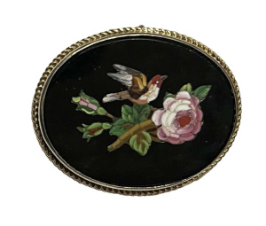 Lot 281 - Vintage oval silver mounted Pietra Due Brooch feat pink roses