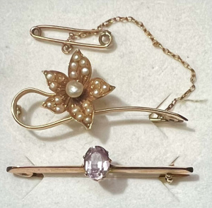 Lot 282 - 2 x Victorian gold Brooches - 15ct Flower on stem set with pearls &