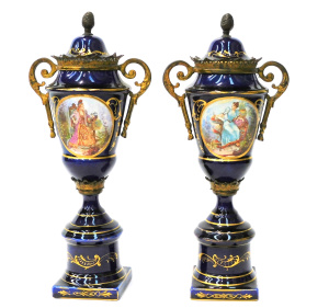 Lot 311 - Pair unmarked c1900 Limoges Covered Vases - Classical forms with HPain