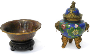 Lot 322 - 2 x pieces Vintage Chinese Cloisonne - Lidded Censor w Lion head Handl