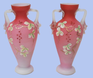 Lot 324 - Pair Victorian Urn Vases - Pink with clear handles & hand decorat