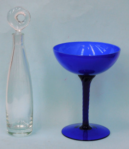 Lot 325 - 2 pces Art Glass inc Cobalt blue pedestal bowl with twisted stem 25cm