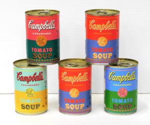 Lot 355 - 5 x Cans Andy Warhol Campbells Soups - Pop Art Cans - Unopened - by A