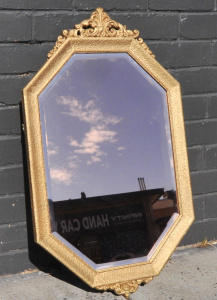 Lot 3 - 1930s Gilt framed wall mirror - peach glass with bevelled edges 81cm H