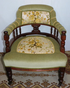 Lot 13 - Edwardian Tub Chair - Pal green velvet with floral inserts & braid