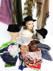 Lot 24 - Group lot of Vintage Ladies Hats & Scarves incl Black Felt Hats by
