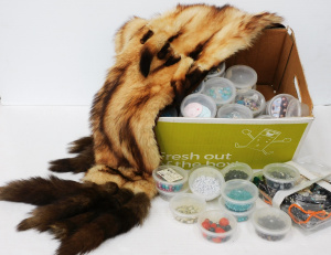 Lot 34 - Mixed Box lot inc Assorted Jewellery beads & findings and Mink stol