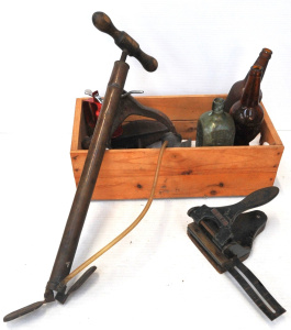 Lot 37 - Box Lot of Vintage Items incl Vintage Brass Bike Pump, Glass Aromatics