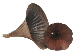 Lot 83 - 2 x Vintage Gramophone Horns - incl Smaller Pressed Wood Horn & Lar