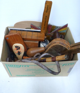 Lot 87 - Box Lot Mixed Wooden Items - incl Bellows, Babushka, Wall Hangings, Fra