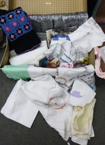 Lot 89 - Vintage suitcases with Napery & fabric contents inc, crochet shawl,