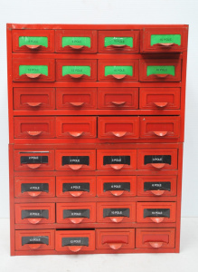 Lot 96 - 2 x Vintage Red Metal 16 Drawer Storage Units for Tools & Hardware