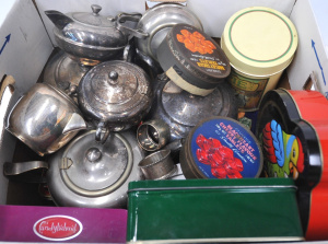 Lot 98 - Box Lot Vintage EPNS & Tins - incl Teapots, Napkin Rings, Sugar &am