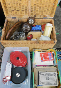 Lot 108 - 2 x Boxes & Cane Chest with contents inc Tupperware, Ramekins, Chi