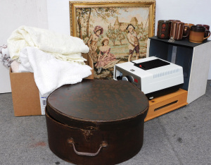 Lot 112 - Mixed Group lot inc Box vintage Tablecloths, Vintage Hat Box, Ceramic