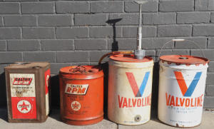 Lot 114 - 4 x Vintage Motor Oil Tins incl 5 Gallon Valvoline Tin w Hand Pump, Va