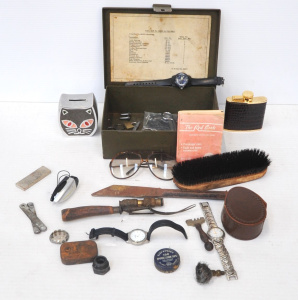 Lot 122 - Small box lot + - Old green painted Lockable Tool Box + Mens watches,