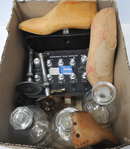 Lot 127 - Box Lot Mixed Vintage Items - incl Laboratory Glass Bottles, Bunsen Bu