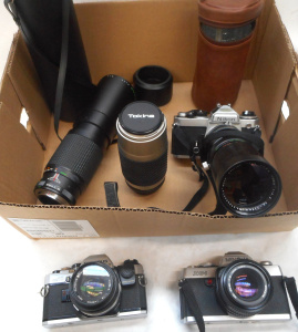 Lot 131 - Box Cameras and Lenses, Olympus OM10, Minolta XG-1, Nikon, Tokina, etc