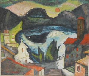 Lot 170 - Max Newton (1919 - 1975) Framed Oil Painting - Surrealist Lake Scene -