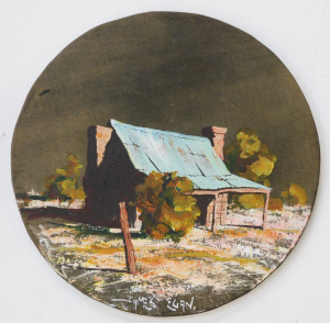 Lot 188 - James Egan (1929 - 2017) Oil painting on Leather - Country bush homest