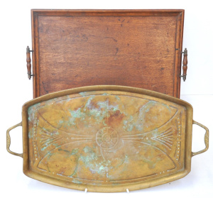 Lot 225 - 2 x Vintage Serving Trays incl One Brass & Another Wooden