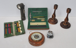 Lot 251 - Lot of Vintage Mixed Items incl Vintage Draughtsmens Set, Pair of Turn
