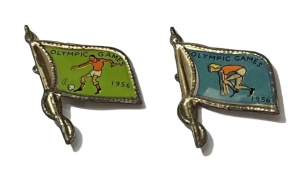 Lot 295 - 2 x 1956 Olympics Sports tinplate Flag shaped Pins - Football & R