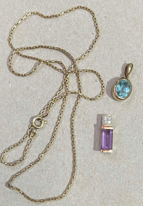 Lot 298 - Group 9ct gold Jewellery - gold chain, Amethyst & diamond pendant