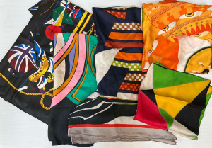 Lot 340 - 6 x vintage silk Scarves - 60s + bright colours, Hermes style etc