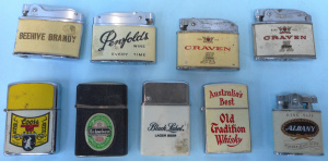 Lot 347 - Group vintage Cigarette and alcohol Advertising Lighters, incl Blatz b