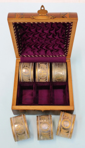 Lot 349 - Vintage Inlaid Wooden Box with 6 EPNS& etched gilt napkins rings