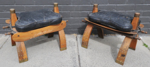 Lot 1 - 2 x Vintage Eastern Original Camel Stools w Leather Cushions & Brass