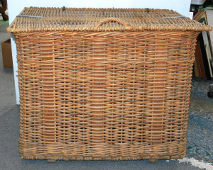 Lot 6 - Large Vintage Cane Lidded Hamper with hinged lid wooden feet 98cm Wide