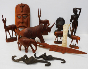 Lot 9 - Group lot of Carved Wooden & other items inc Wall Mask, Elephant, Cr