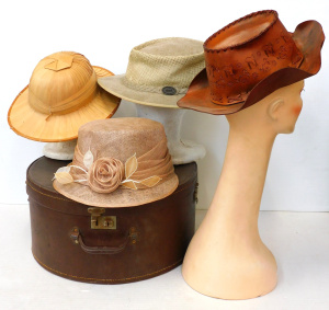 Lot 20 - Vintage Hat box & Hats inc Bamboo Pith Hat, 2 x Leather stockman ha